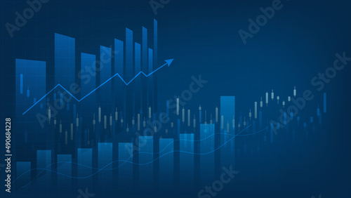 Financial business statistics with bar graph and candlestick chart show stock market price and effective earning on blue background with copy space