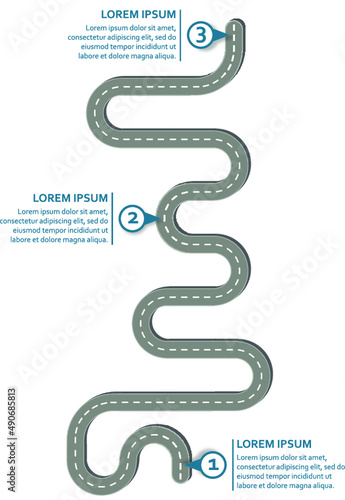 Business workflow roadmap, infographic flat lay style,  in A4 portrait format on white background with 3 check points
