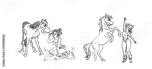 Cartoon style horse character. Use it for children color book creation design.