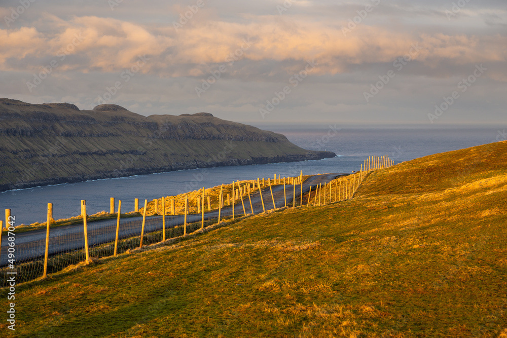 Sunset over the Faroe Islands, a volcanic archipelago in the Atlantic Ocean. Lambi, Faroe Islands.