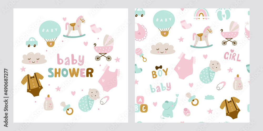 Hand drawn baby shower cards. Vector illustration