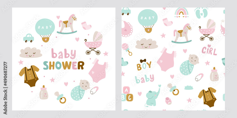Hand drawn baby shower cards. Vector illustration Hand drawn baby shower cards. Vector illustration