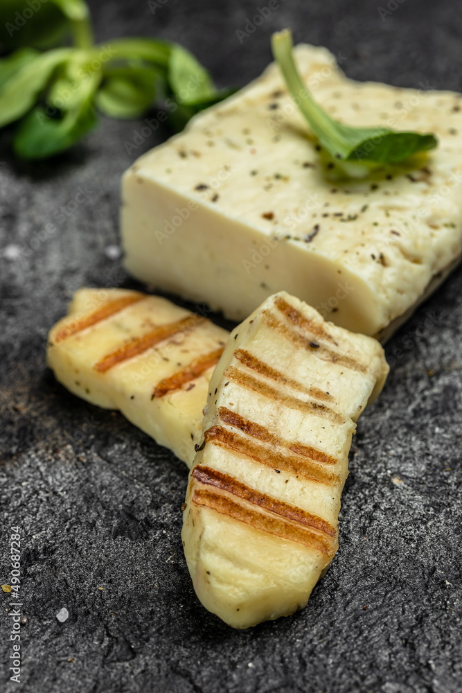 Grilled Halloumi cheese, Cyprus squeaky cheese, Restaurant menu, dieting, cookbook recipe top view