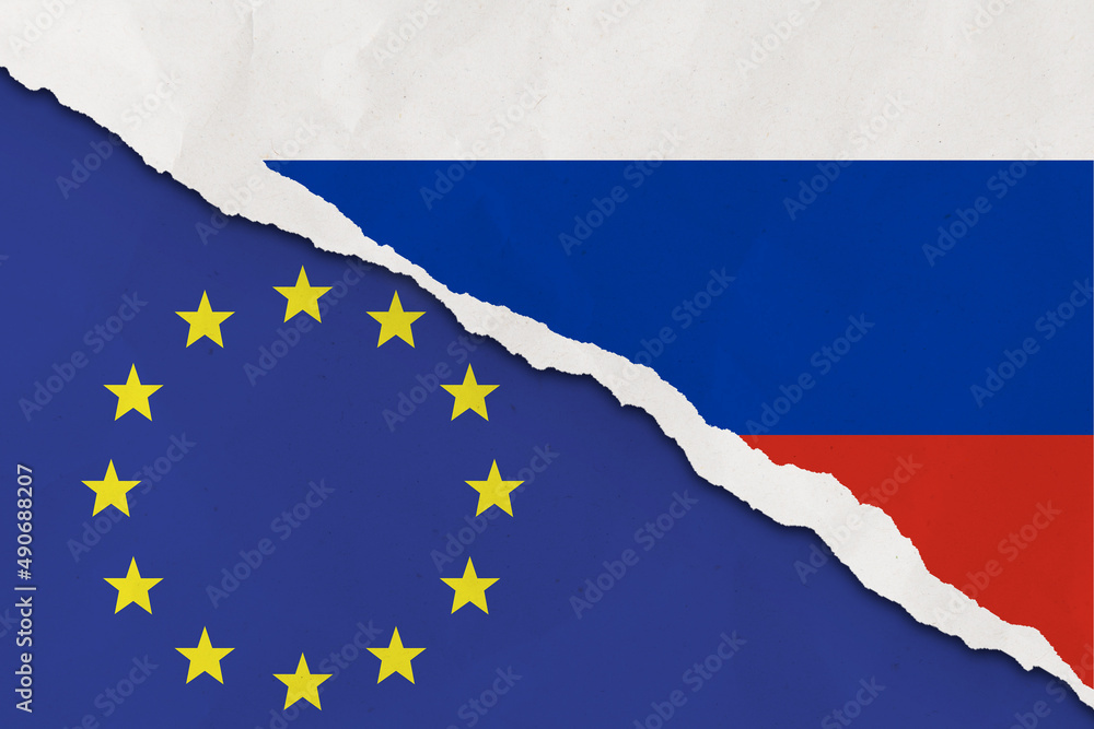 Russia and European Union flag ripped paper grunge background. Abstract Ukraine Russia politics conflicts, war concept texture background Russia and European Union flag ripped paper grunge background. Abstract Ukraine Russia politics conflicts, war concept texture background