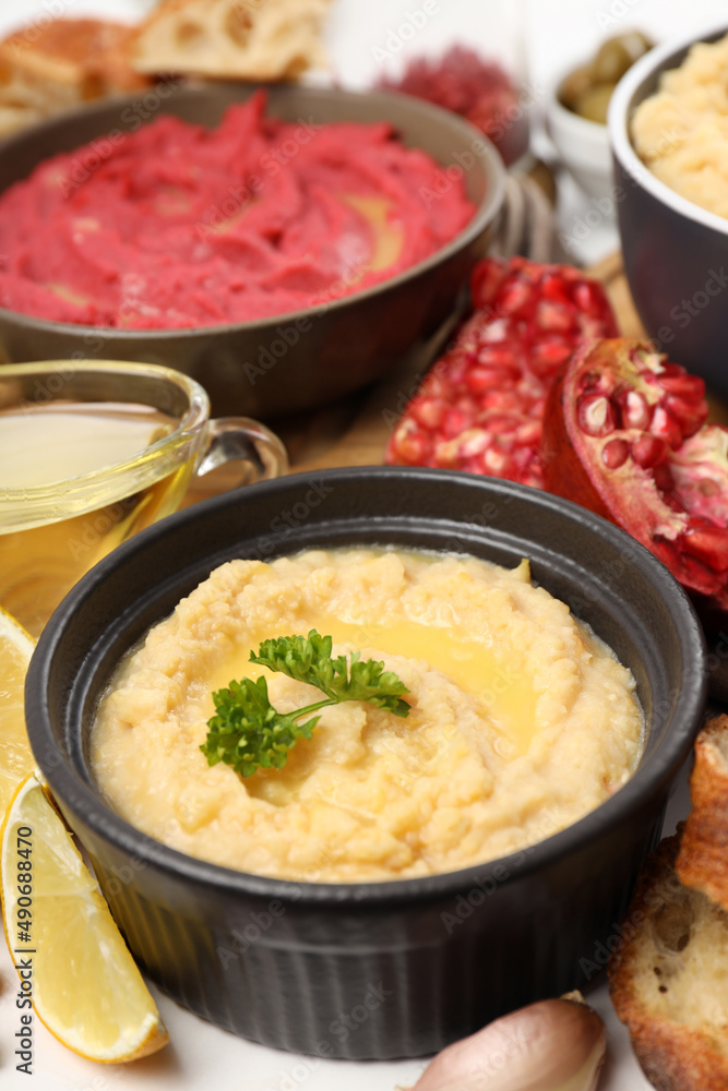 Concept of tasty food with hummus, close up Concept of tasty food with hummus, close up