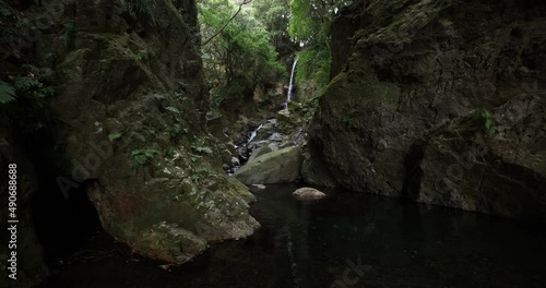 Splashing waterfall in winter in Numazu Shizuoka wide shot photo