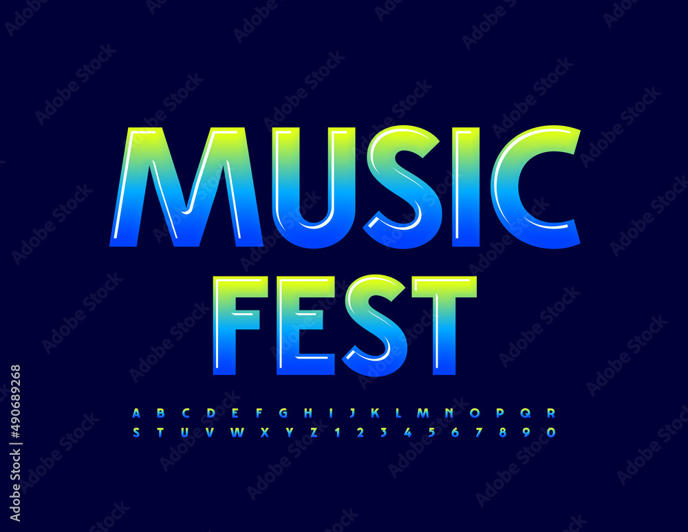 Vector entertainment Banner Music Fest. Modern glossy Font. Gradient Alphabet Letters and Numbers set Vector entertainment Banner Music Fest. Modern glossy Font. Gradient Alphabet Letters and Numbers set
