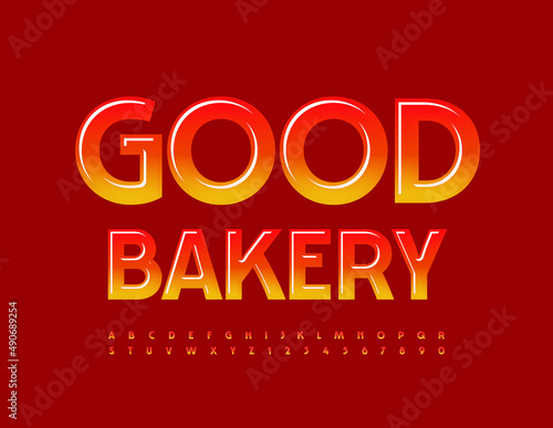 Vector tasty Logo Good Bakery. Bright Glossy Font. Modern Alphabet Letters and Numbers set