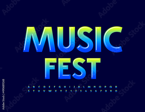 Vector entertainment Banner Music Fest. Modern glossy Font. Gradient Alphabet Letters and Numbers set