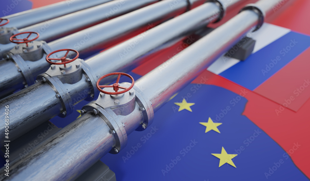 Pipes of gas or oil from Russia to European Union. Sanctions concept. - obrazy, fototapety, plakaty 