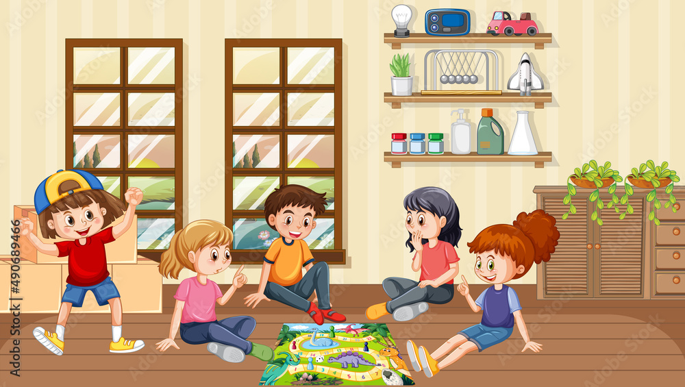 Children playing boardgame in the room Children playing boardgame in the room