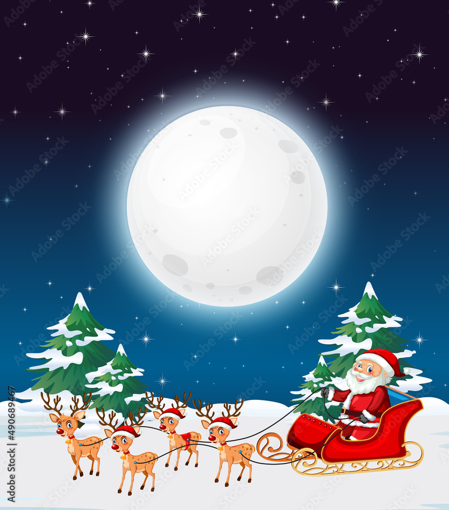 Fototapeta premium Snowy winter night with Christmas santa claus on sleigh