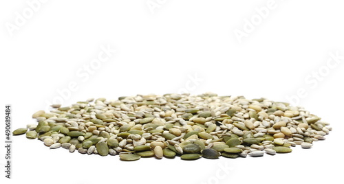 Mix seeds, pumpkin and sunflower seeds and pine nuts isolated on white