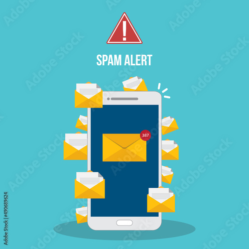 Spamming concept, a lot of emails on the screen of a smart phone. Email box hacking, spam warning. Vector illustration.	
