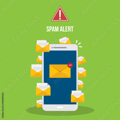 Spamming concept, a lot of emails on the screen of a smart phone. Email box hacking, spam warning. Vector illustration.	