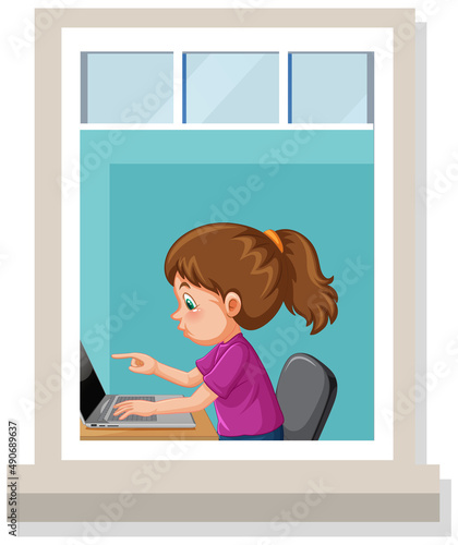 View through the window of a girl using laptop