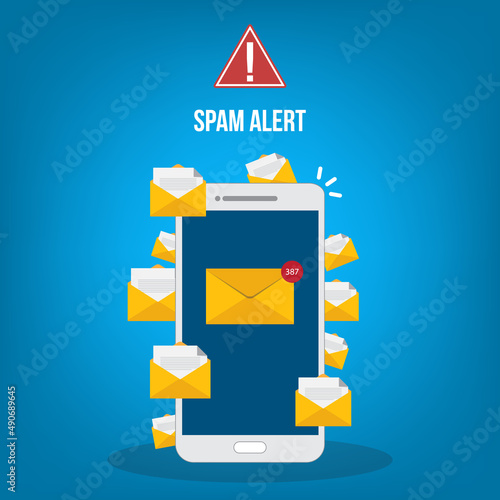 Spamming concept, a lot of emails on the screen of a smart phone. Email box hacking, spam warning. Vector illustration.	
