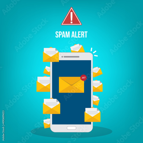 Spamming concept, a lot of emails on the screen of a smart phone. Email box hacking, spam warning. Vector illustration.	