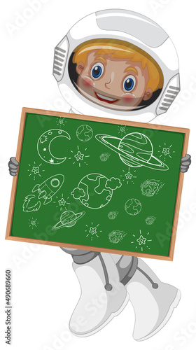 An astronaut holding board with a doodle sketch design on white background
