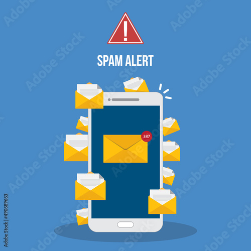Spamming concept, a lot of emails on the screen of a smart phone. Email box hacking, spam warning. Vector illustration.	