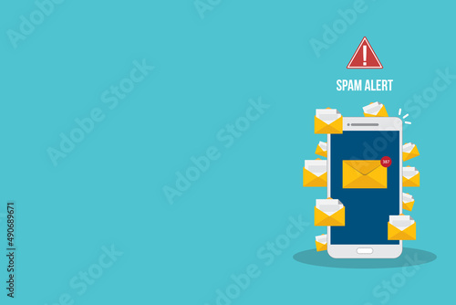 Spamming concept, a lot of emails on the screen of a smart phone. Email box hacking, spam warning. Vector illustration.	
