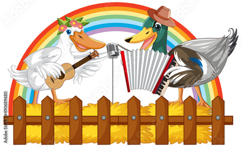 Little duck singing and play guitar, accordion on white ground