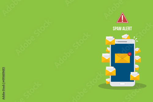 Spamming concept, a lot of emails on the screen of a smart phone. Email box hacking, spam warning. Vector illustration.	