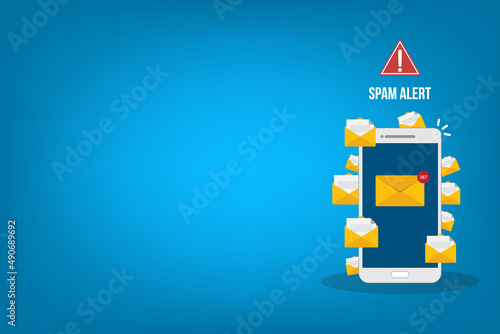 Spamming concept, a lot of emails on the screen of a smart phone. Email box hacking, spam warning. Vector illustration. © madedee