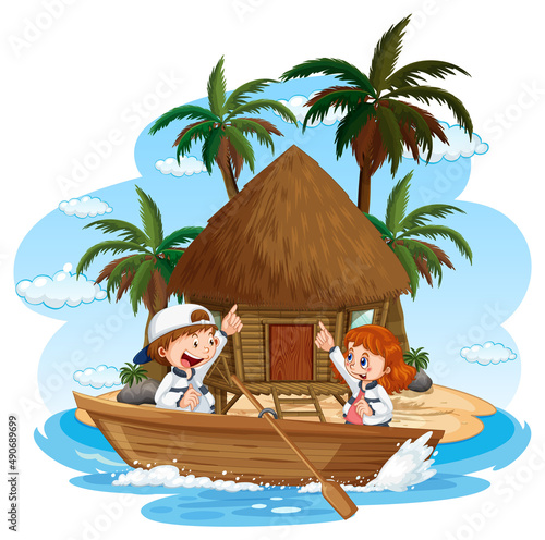 Bungalow on the island with children on wooden boat