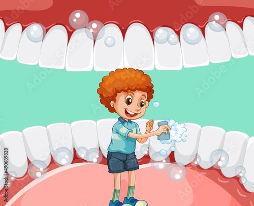 A little boy cleaning teeth inside human mouth
