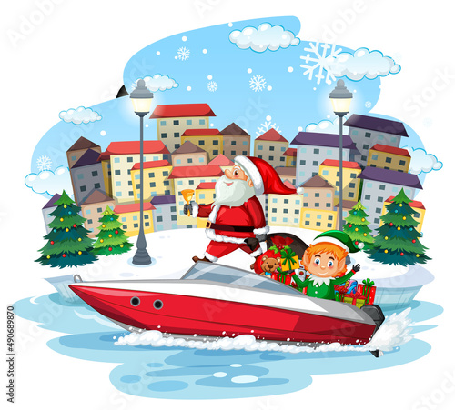 Santa Claus delivering gifts by boat