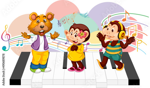 Cute animal sing a song with music notes on piano