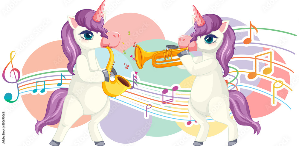 Cute purple unicorn blowing trumpet with music notes on white background