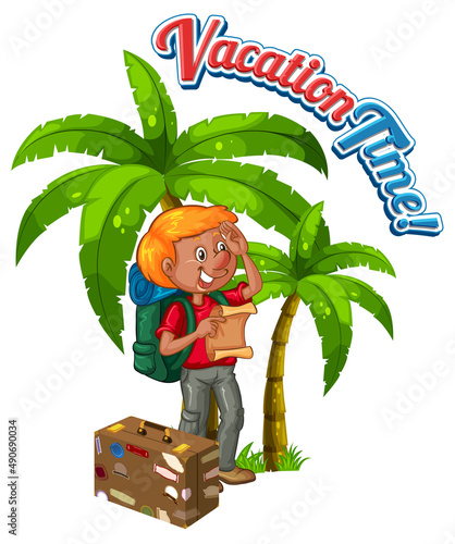 Vacation time text icon with man travelling