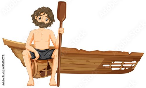 Isolated sad castaway man on a shipwrecked