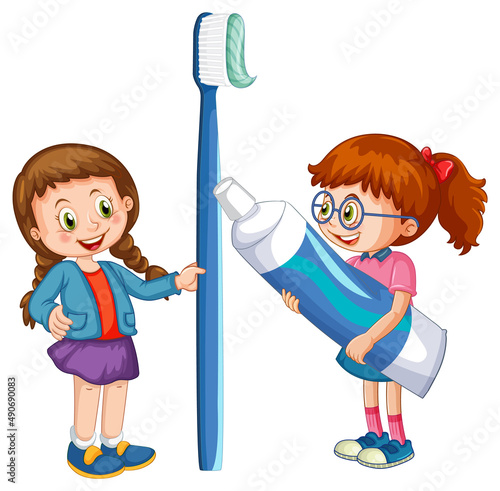 Children holding toothpaste and toothbrush on white background