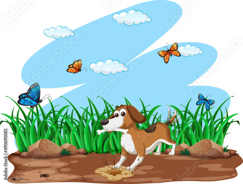 Dog digging hole in the garden