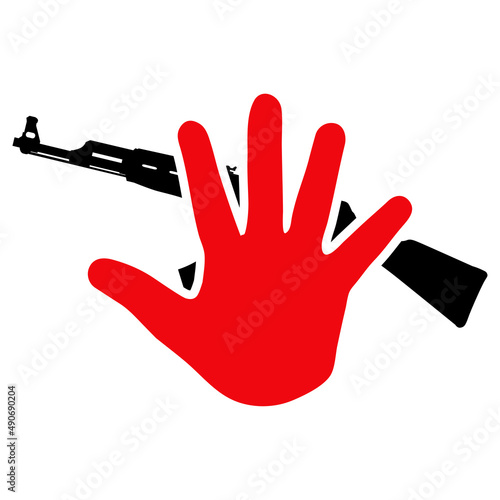 No a la guerra. Silueta de mano sobre Kalashnikov AK-47 en color rojo y negro