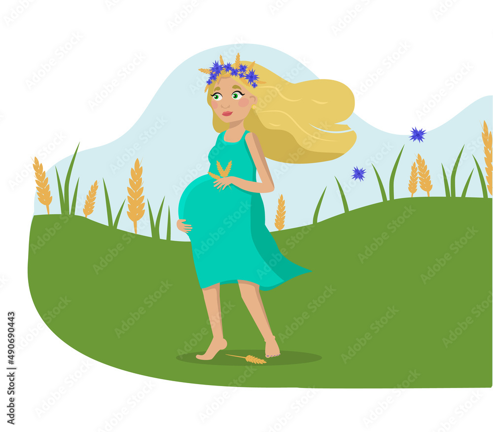 Happy pregnant blonde woman with a flower wreath on her head. Blue sky, a field or clearing, grass and ears of cereals. Vector graphic. Happy pregnant blonde woman with a flower wreath on her head. Blue sky, a field or clearing, grass and ears of cereals. Vector graphic.