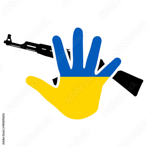 No a la guerra. Silueta de mano con bandera de Ucrania en color azul y amarillo sobre Kalashnikov AK-47