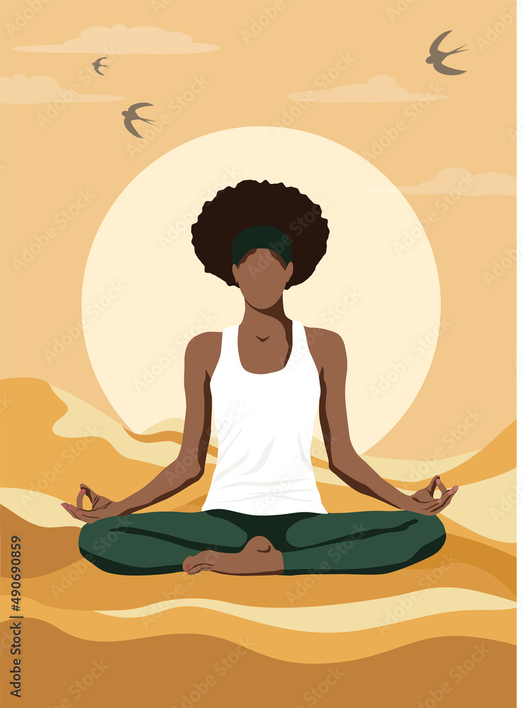 a black woman in a lotus position meditates in the desert against the background of a sunset