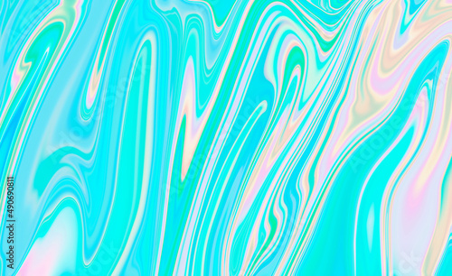 Abstract textured iridescent multicolored liquid background in blue and green tones.