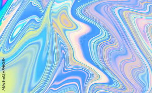 Abstract textured iridescent multicolored liquid background in blue and green tones.