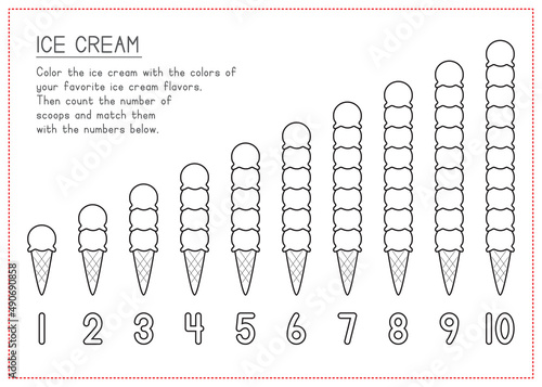Children Learning Worksheet - Coloring and Counting Ice Cream Cones
