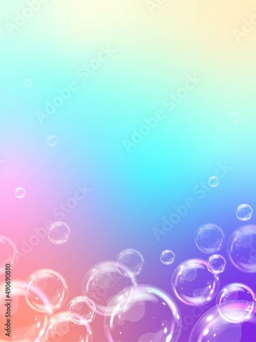 Vector background with realistic soap bubbles on iridescent gradient