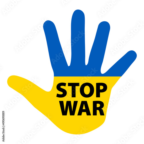 No a la guerra. Mensaje Stop War sobre silueta de mano en color azul y amarillo. Bandera de Ucrania