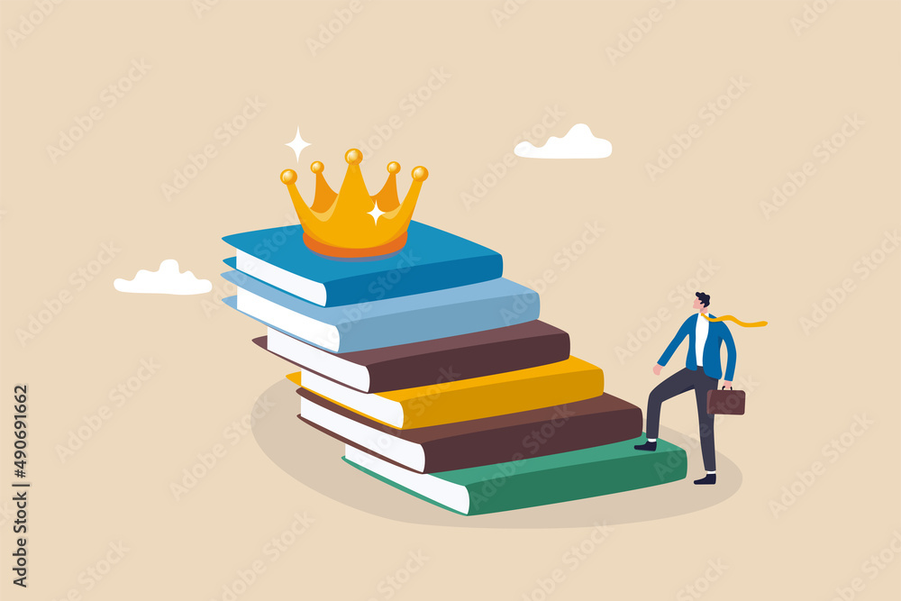 Education or knowledge steps to success, learning or study for skill development to achieve business success concept, businessman step up on stack of books as staircase to achieve crown at the top. Education or knowledge steps to success, learning or study for skill development to achieve business success concept, businessman step up on stack of books as staircase to achieve crown at the top.