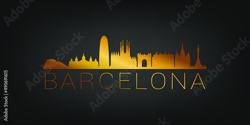 Barcelona, Spain Gold Skyline City Silhouette Vector. Golden Design Luxury Style Icon Symbols. Travel and Tourism Famous Buildings.