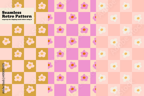 Flowers Seamless hippie pattern on Checkerboard background