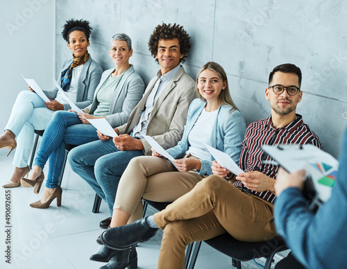 man business chair sitting waiting woman businessman candidate recruitment businesswoman office businessperson job young interview line photo